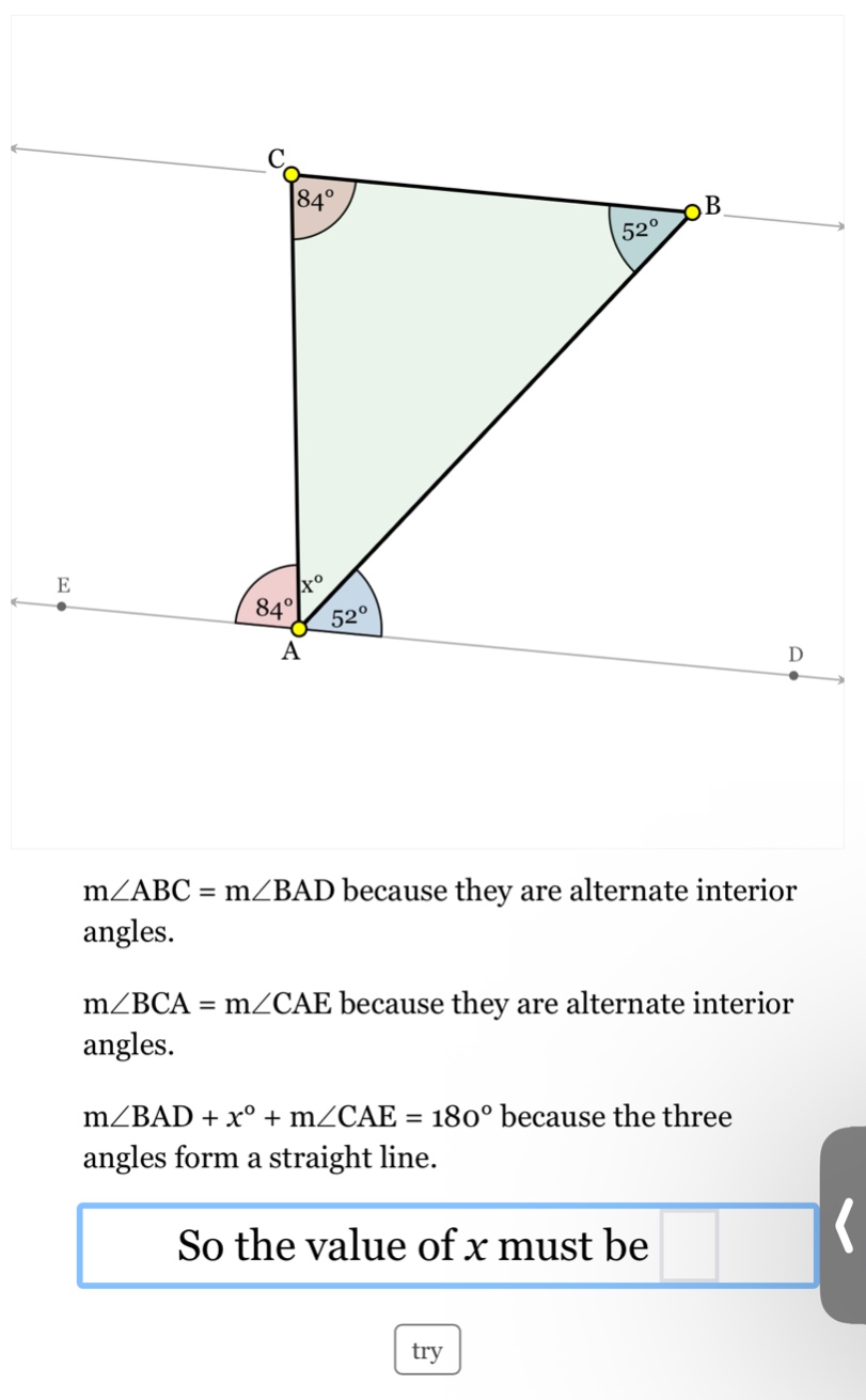 m∠abc = m∠bad because they are alternate interior angles. m∠bca = m∠cae…
