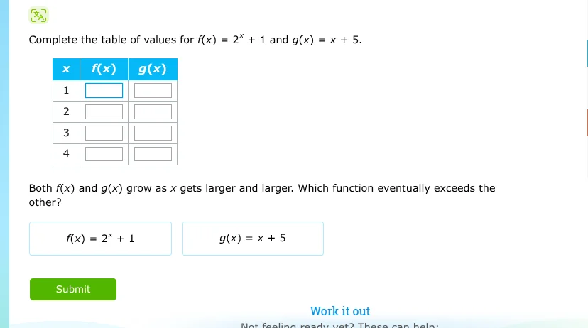 complete the table of values for $f(x) = 2^x + 1$ and $g(x) = x + 5$. |…