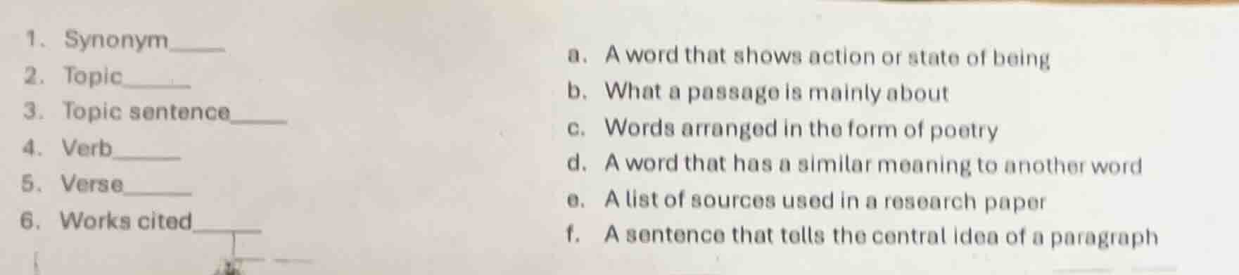 1. synonym____ 2. topic____ 3. topic sentence____ 4. verb____ 5. verse_…