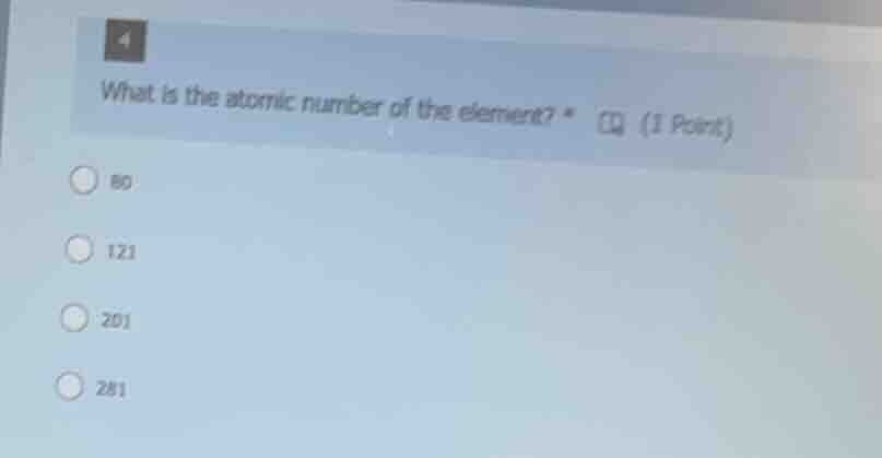 4 what is the atomic number of the element? * (1 point) 80 121 201 281