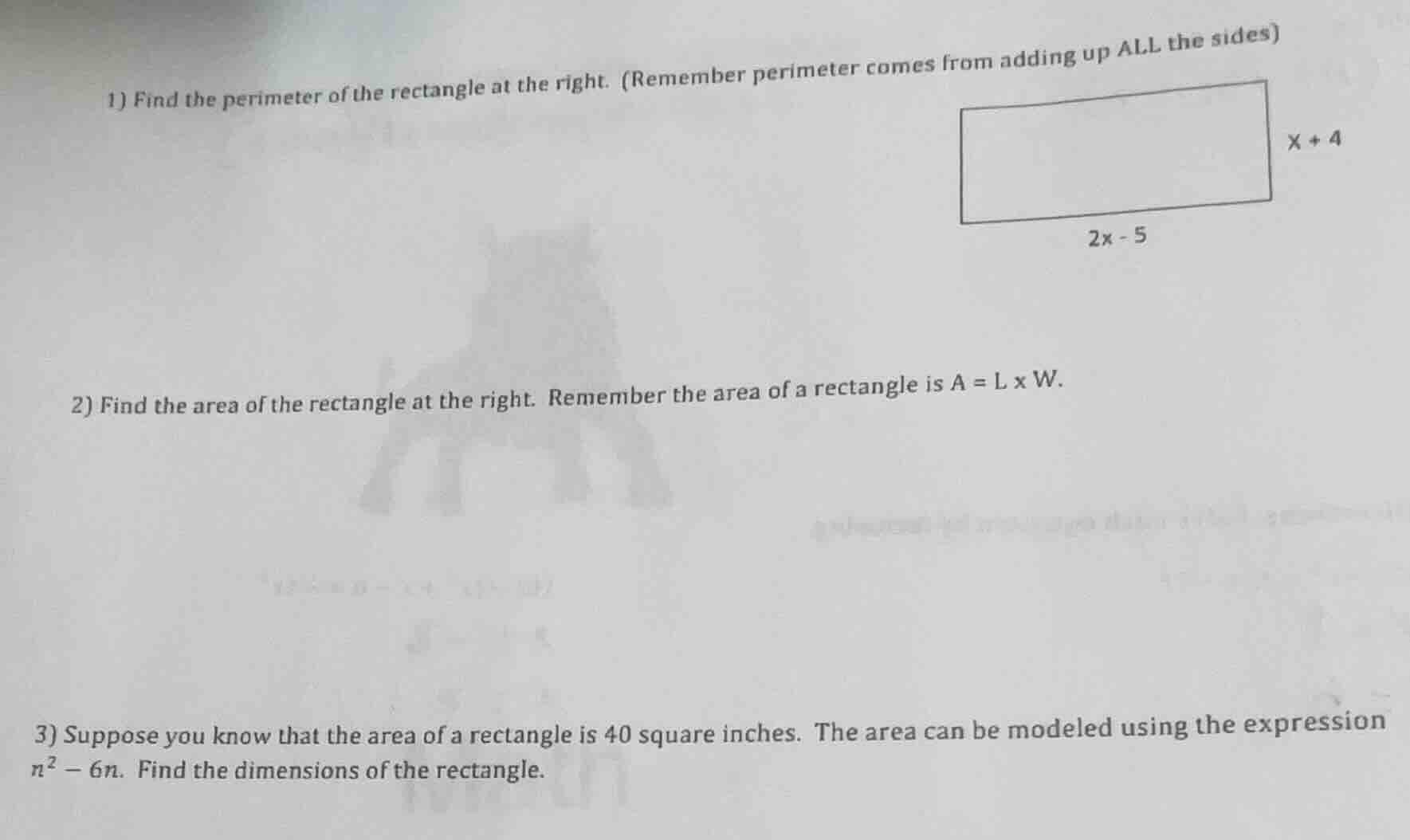 1) find the perimeter of the rectangle at the right. (remember perimete…
