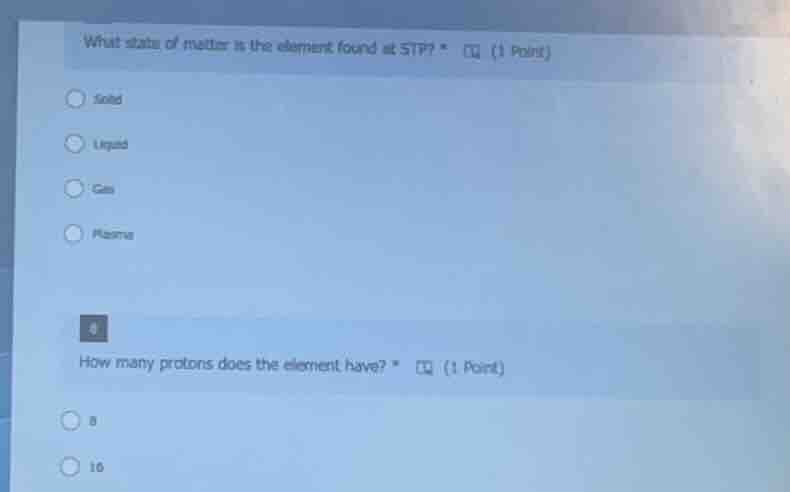 what state of matter is the element found at stp? * (1 point) solid liq…