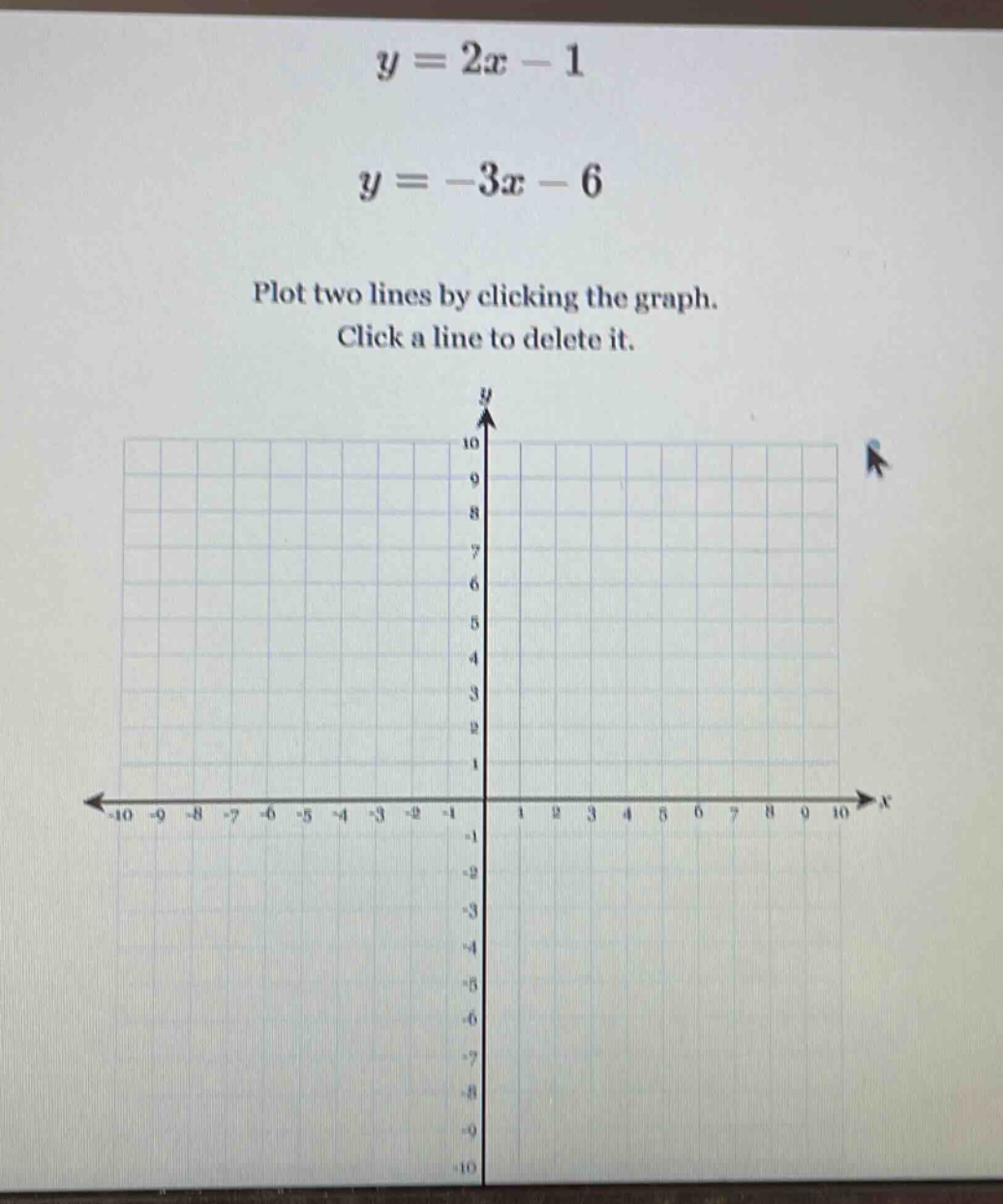 y = 2x - 1 y = -3x - 6 plot two lines by clicking the graph. click a li…