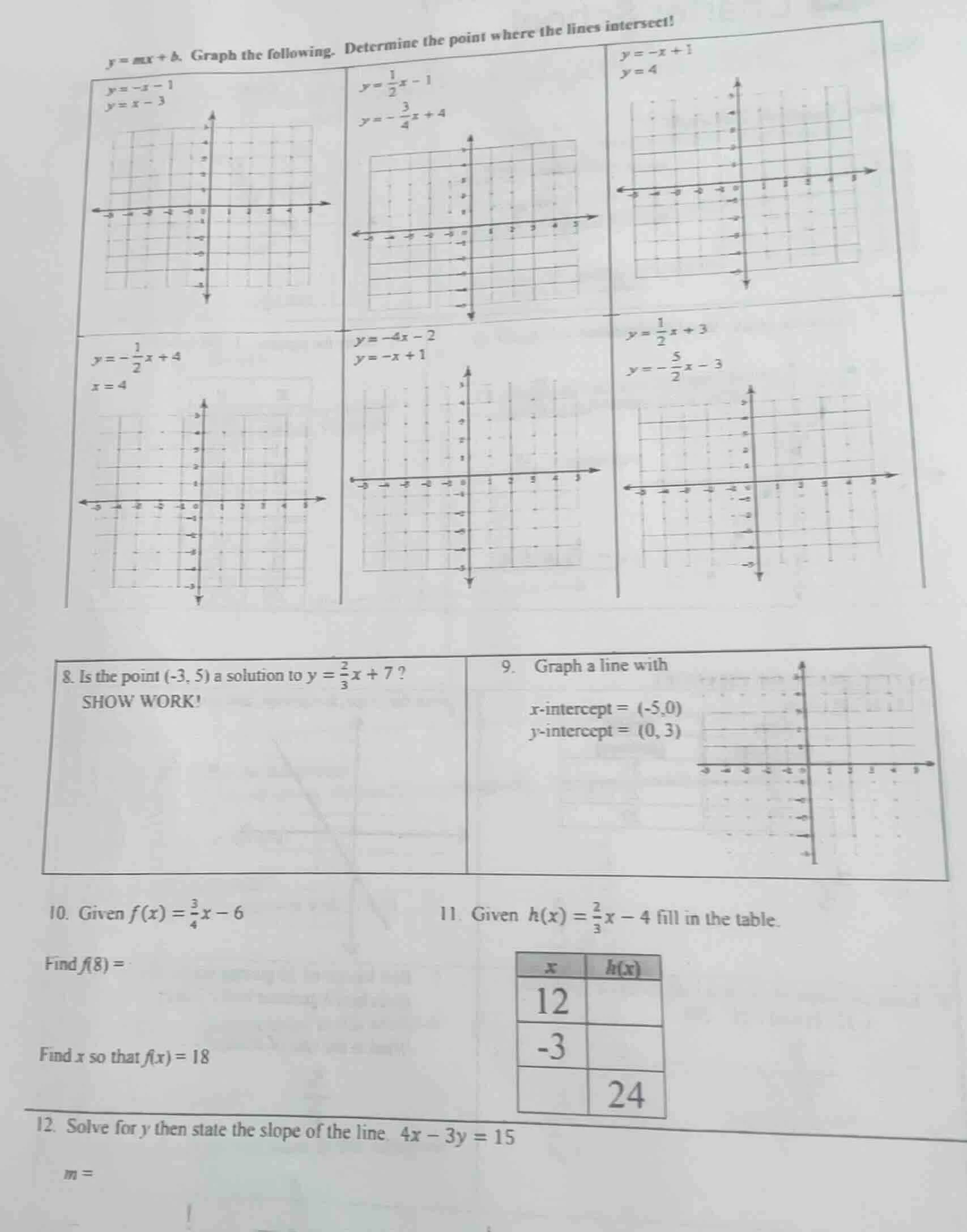 y = mx + b. graph the following. determine the point where the lines in…