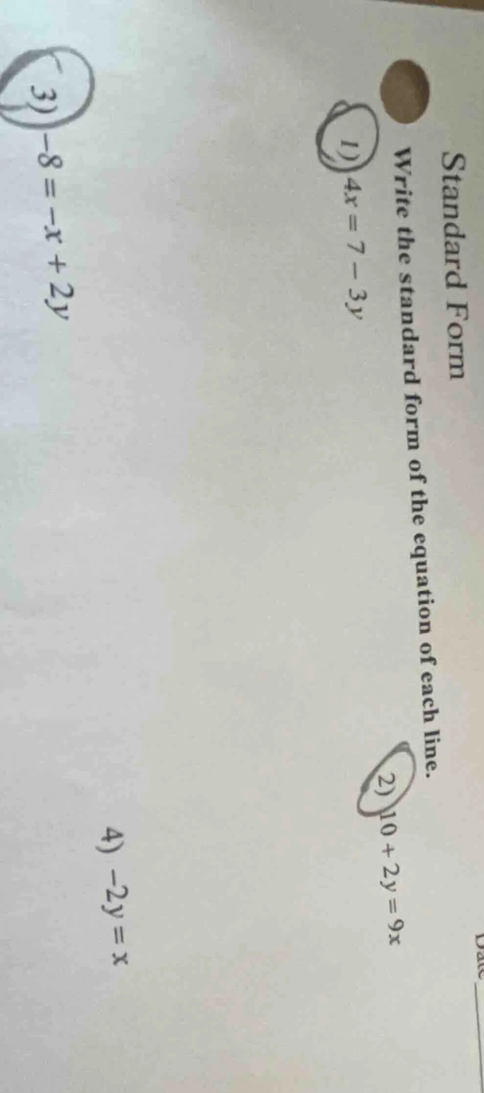 standard form write the standard form of the equation of each line. 1) …