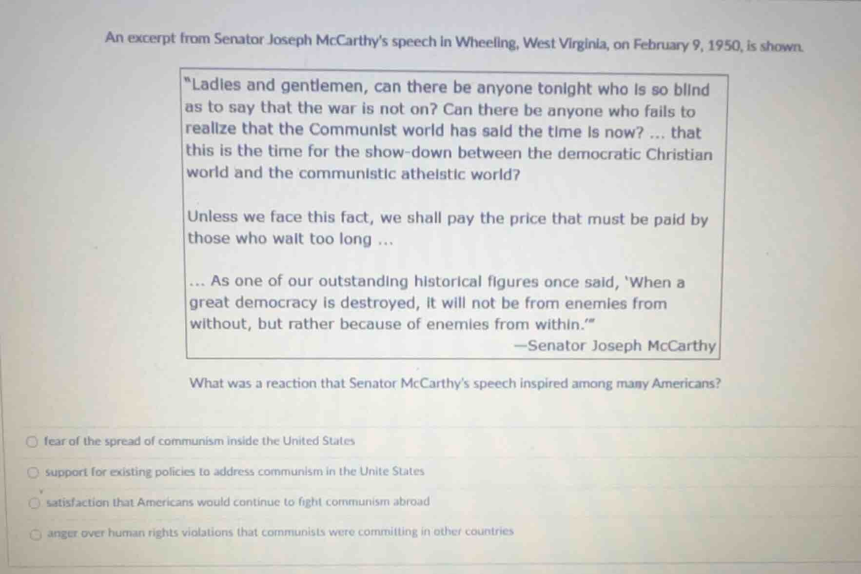 an excerpt from senator joseph mccarthy’s speech in wheeling, west virg…