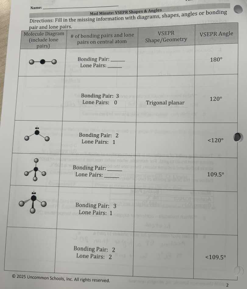 name: mad minute: vsepr shapes & angles directions: fill in the missing…