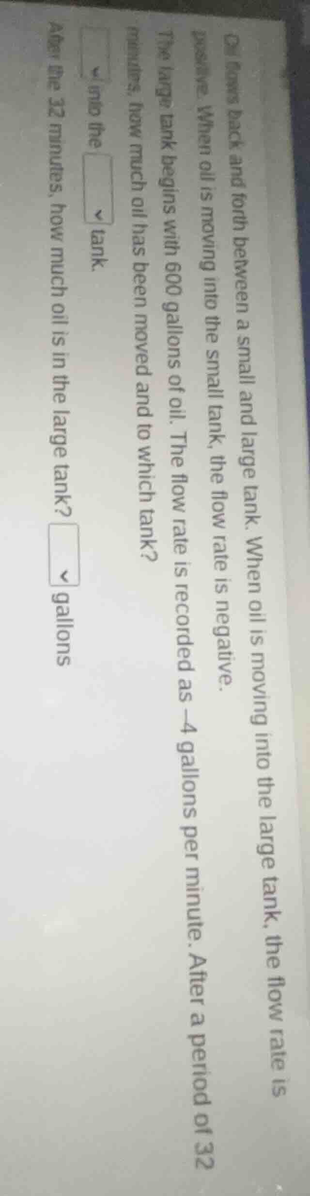 oil flows back and forth between a small and large tank. when oil is mo…