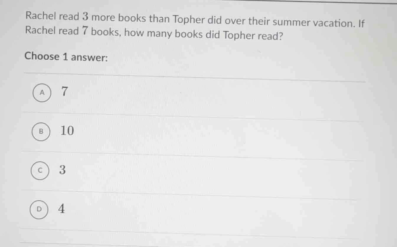 rachel read 3 more books than topher did over their summer vacation. if…