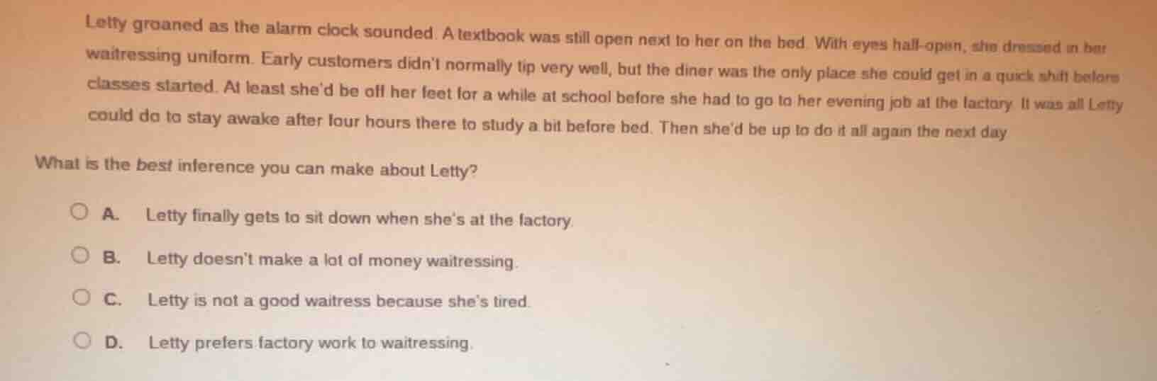 letty groaned as the alarm clock sounded. a textbook was still open nex…