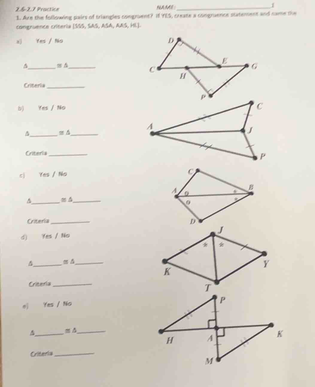 2.6 - 2.7 practice name: 1. are the following pairs of triangles congru…