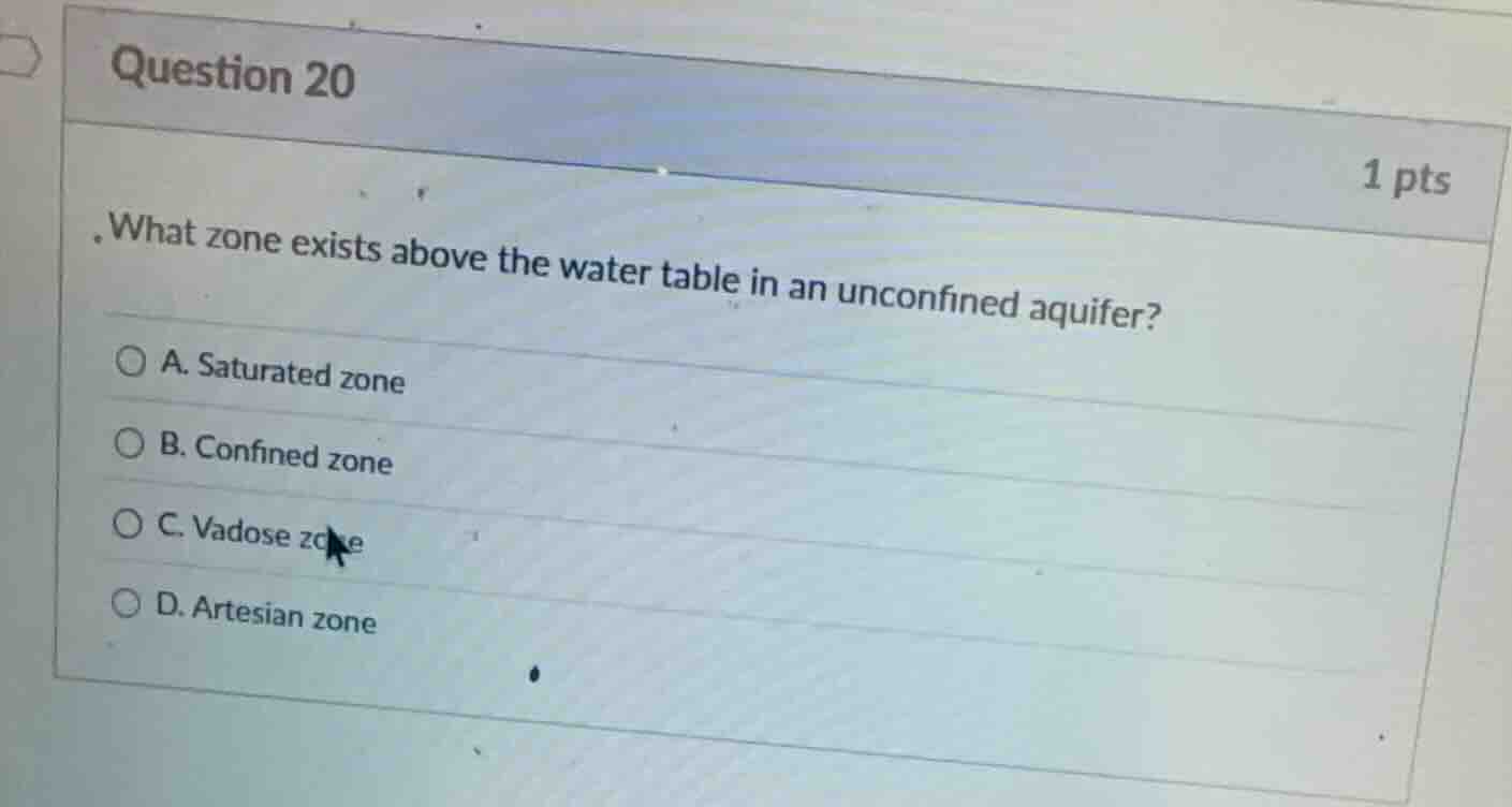 question 20 1 pts what zone exists above the water table in an unconfin…