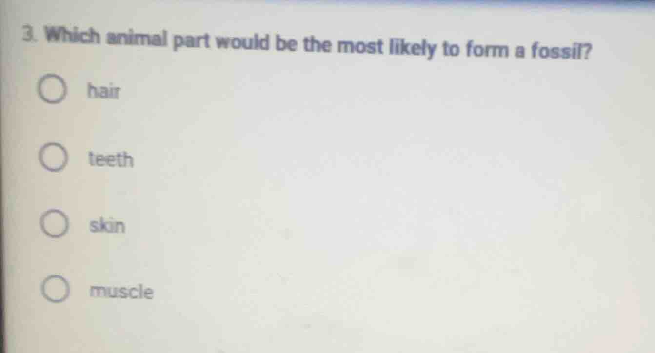 3. which animal part would be the most likely to form a fossil? hair te…