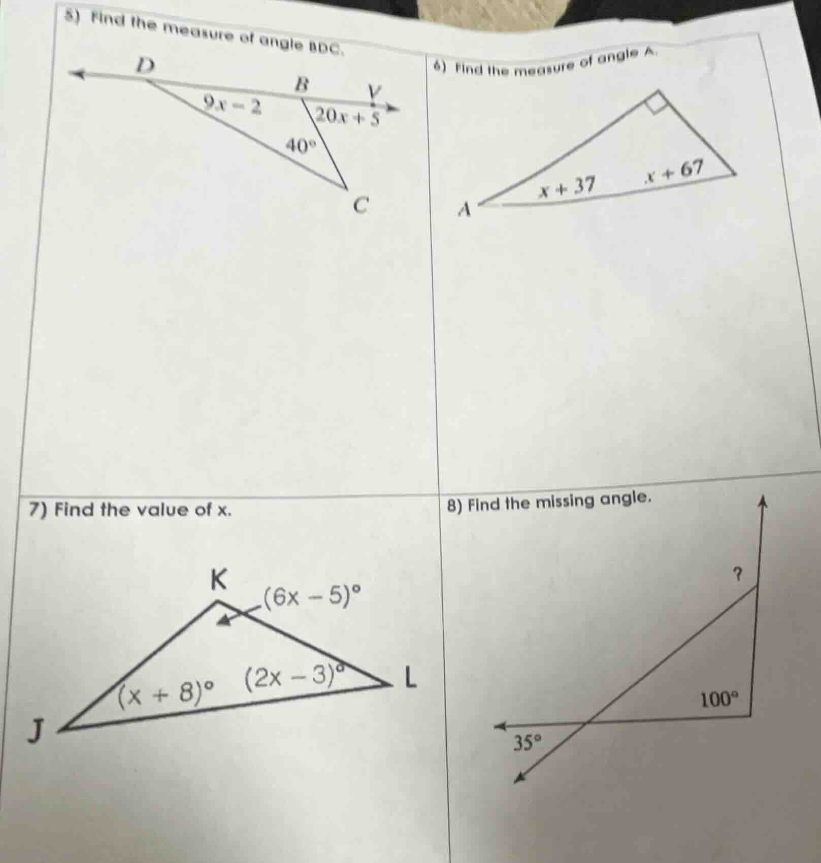 5) find the measure of angle bdc. 6) find the measure of angle a. 7) fi…
