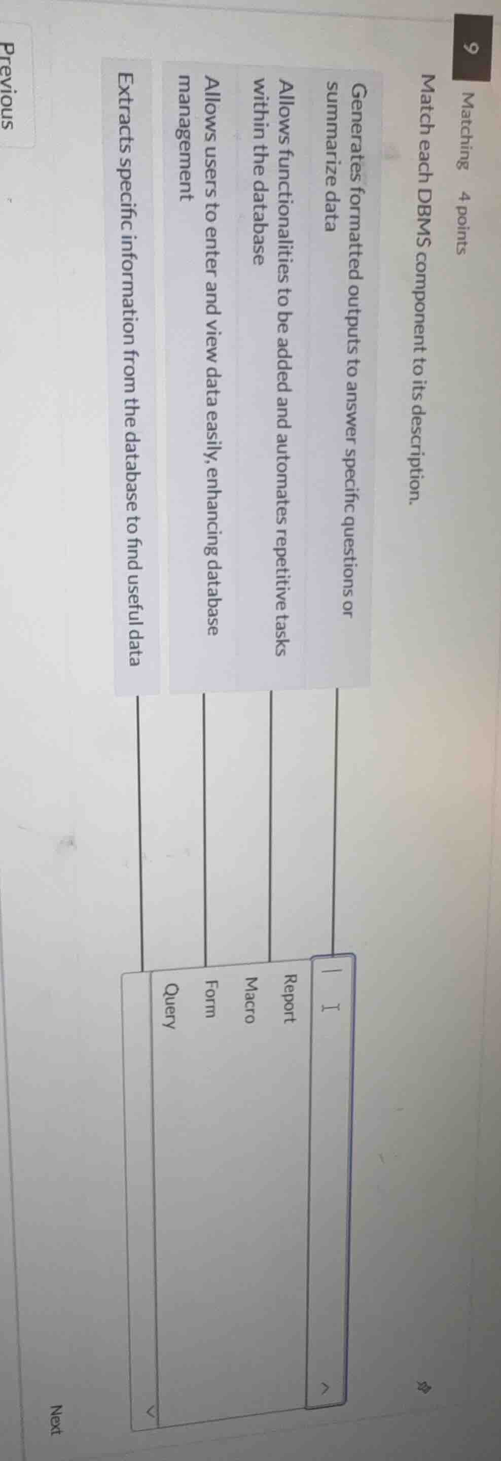 matching 4 points match each dbms component to its description. generat…