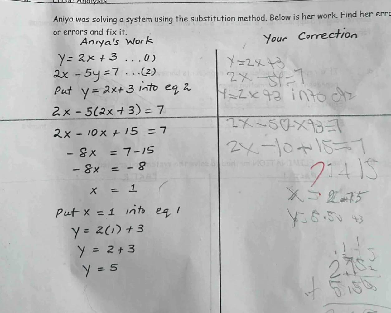 error analysis aniya was solving a system using the substitution method…