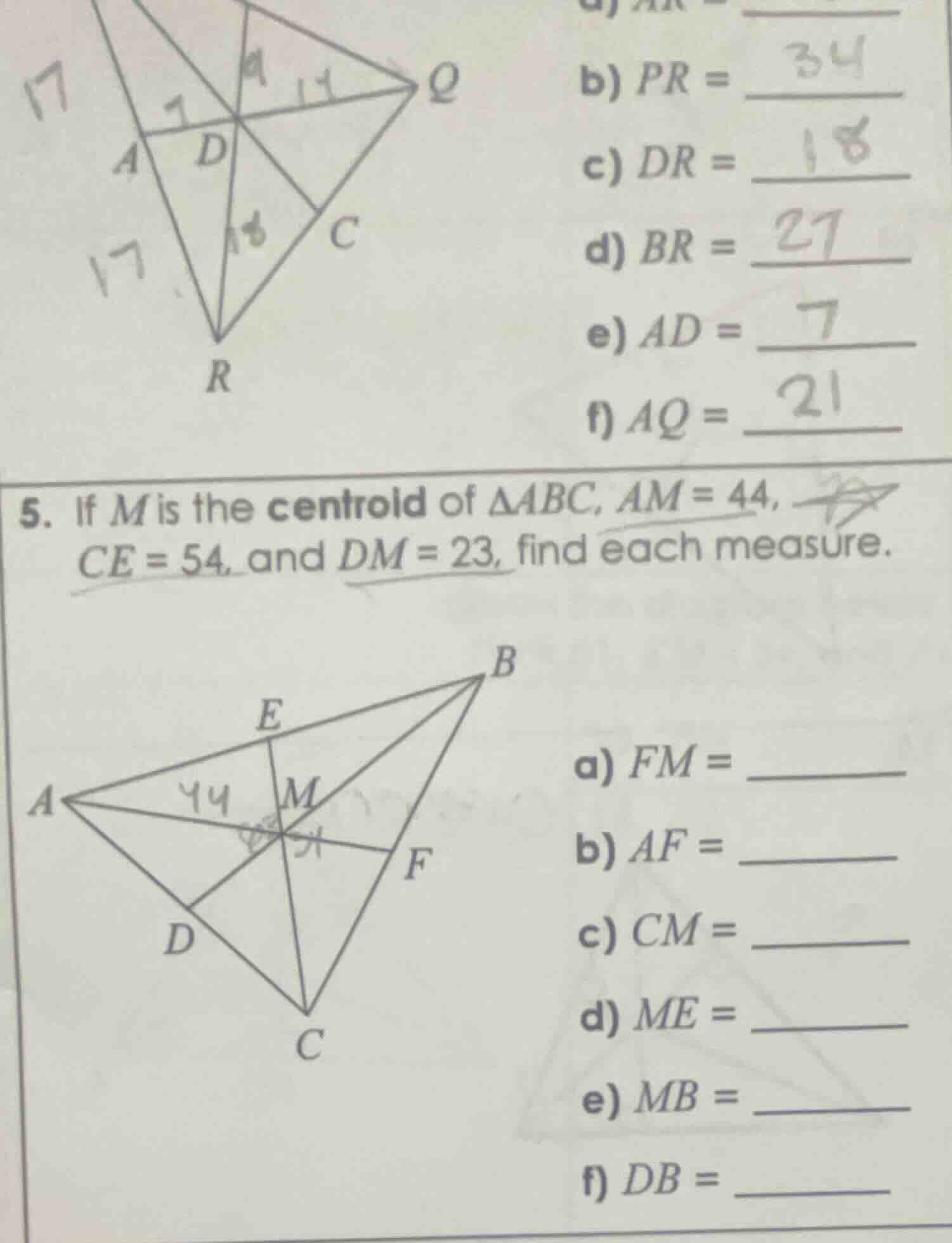 5. if m is the centroid of $\\triangle abc$, $am = 44$, $ce = 54$, and …