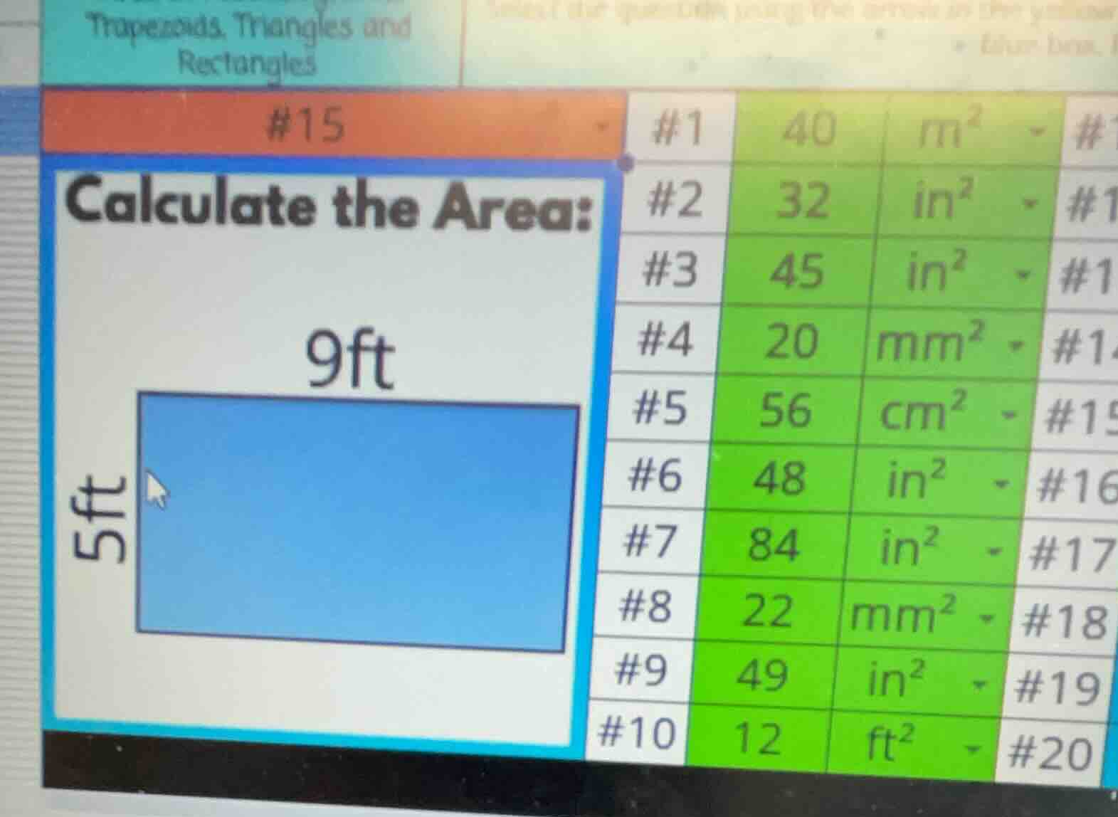 trapezoids, triangles and rectangles #15 calculate the area: 9ft 5ft #1…