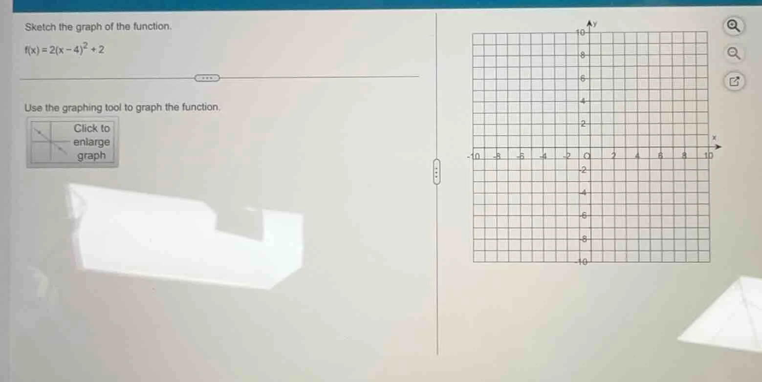 sketch the graph of the function.\\(f(x) = 2(x - 4)^2 + 2\\)\\(\\dots\\…