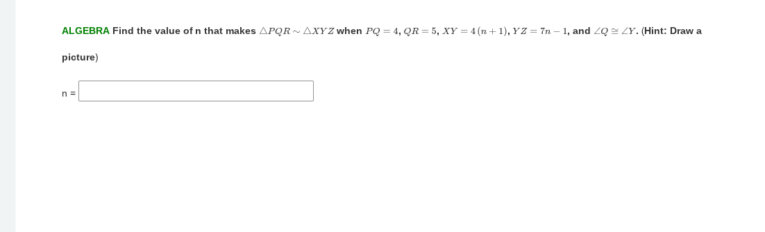 algebra find the value of n that makes $\\triangle pqr \\sim \\triangle…