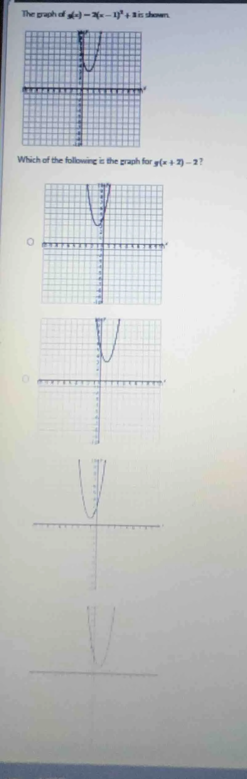 the graph of $g(x)=2(x - 1)^2+3$ is shown. which of the following is th…