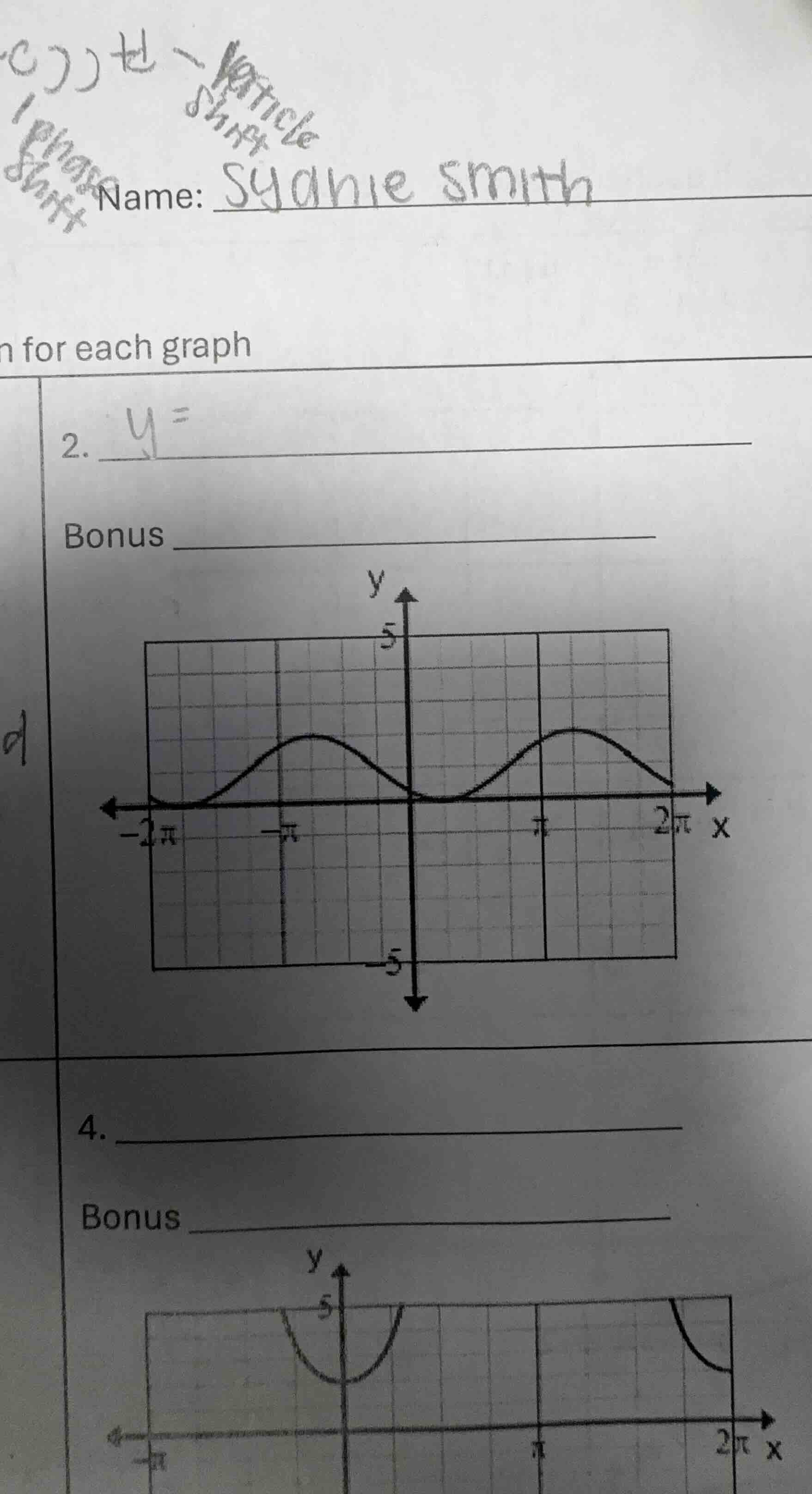 name: syanie smith n for each graph 2. y = bonus graph of a wave - like…
