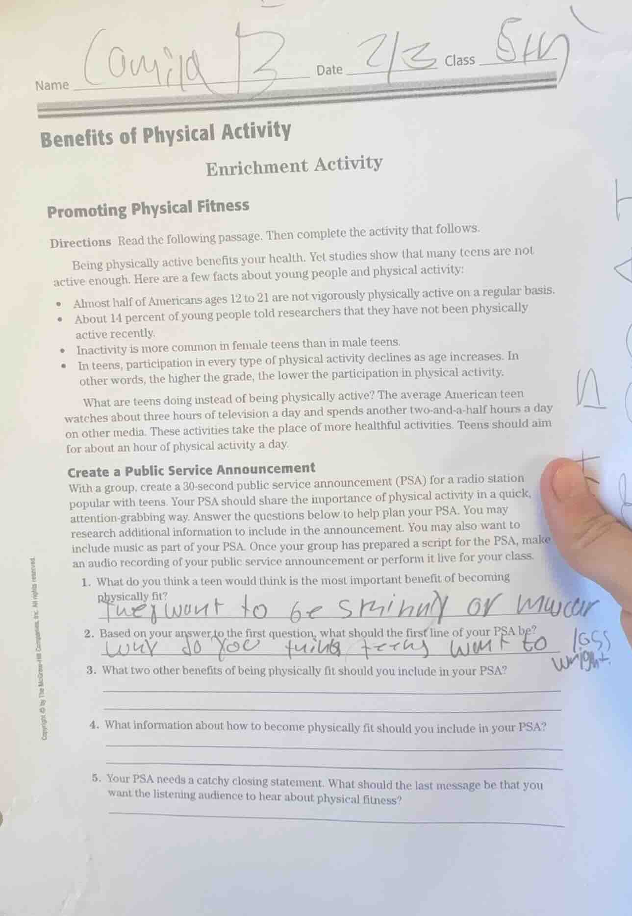 name date class benefits of physical activity enrichment activity promo…