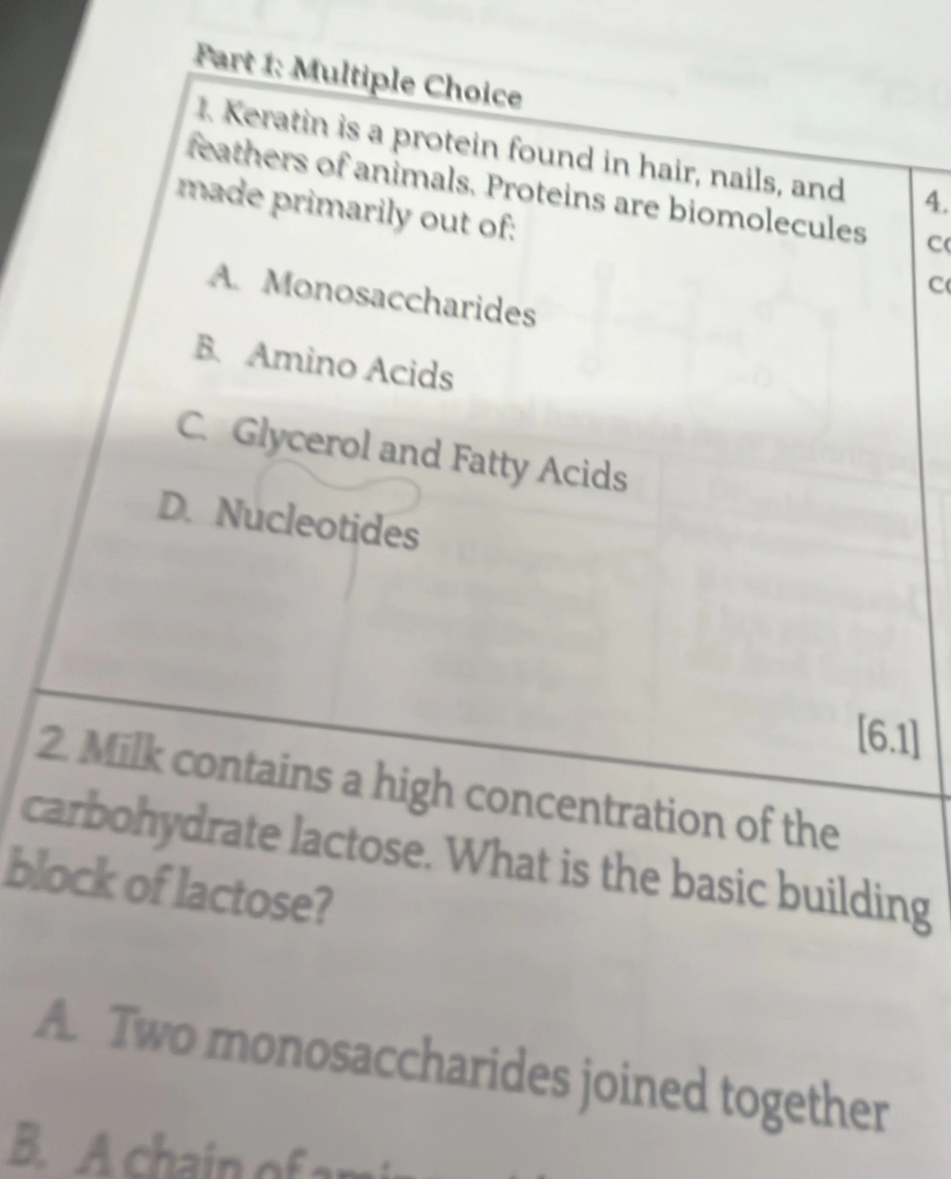 part 1: multiple choice 1. keratin is a protein found in hair, nails, a…