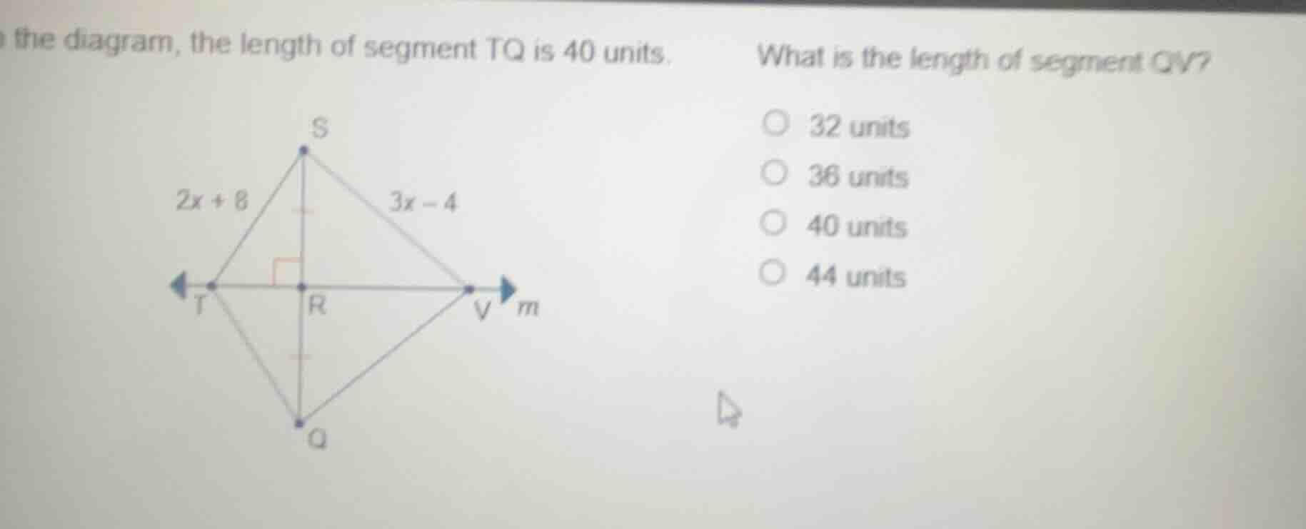 in the diagram, the length of segment tq is 40 units. what is the lengt…