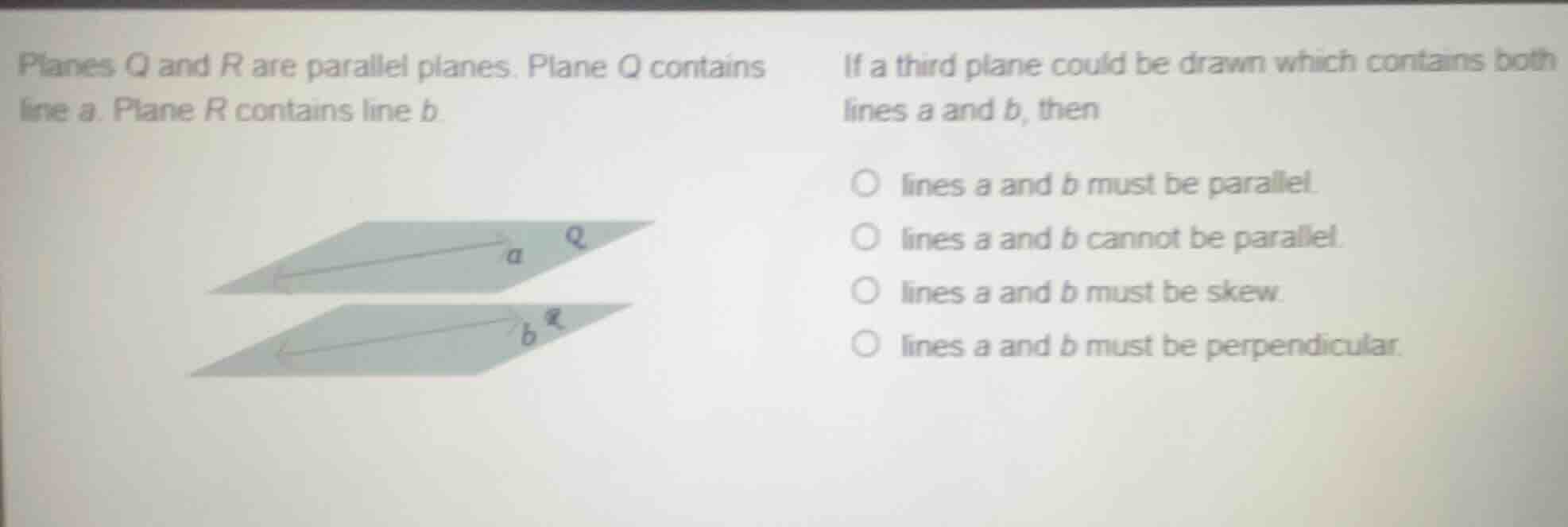 planes q and r are parallel planes. plane q contains line a. plane r co…