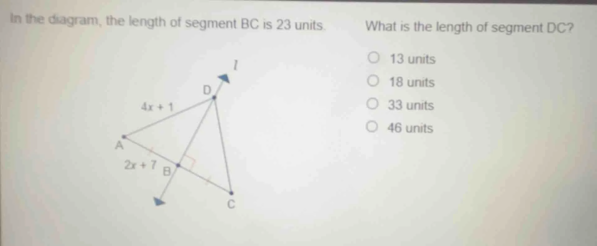 in the diagram, the length of segment bc is 23 units. what is the lengt…