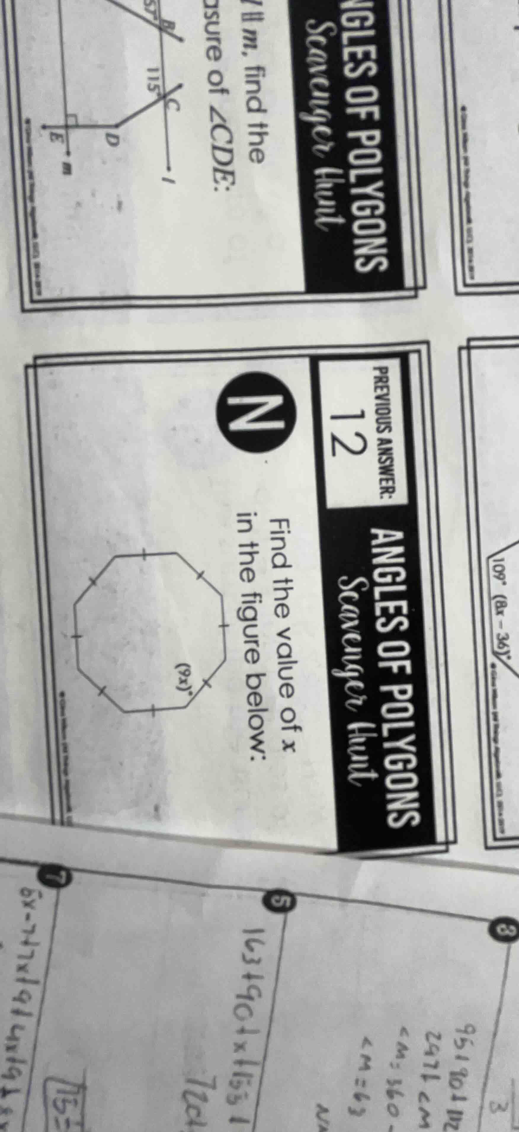 angles of polygons scavenger hunt find the value of x in the figure bel…