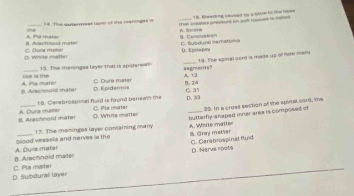 14. the outermost layer of the meninges is the a. pia mater b. arachnoi…