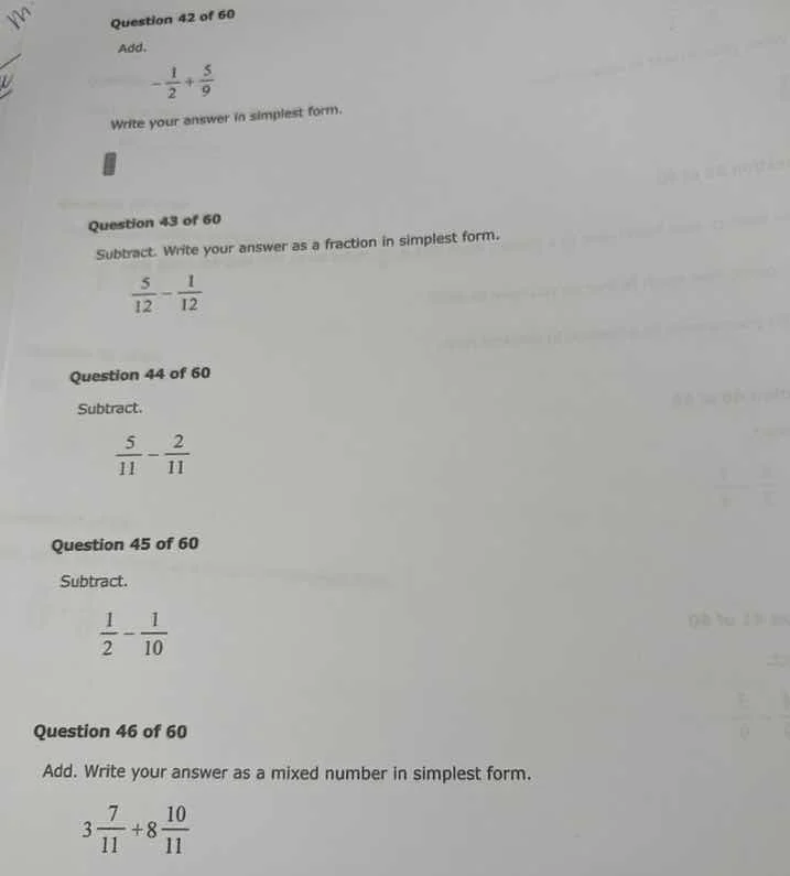 question 42 of 60 add. $-\frac{1}{2}+\frac{5}{9}$ write your answer in …