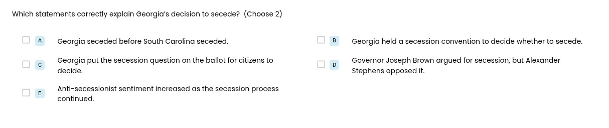 which statements correctly explain georgia’s decision to secede? (choos…