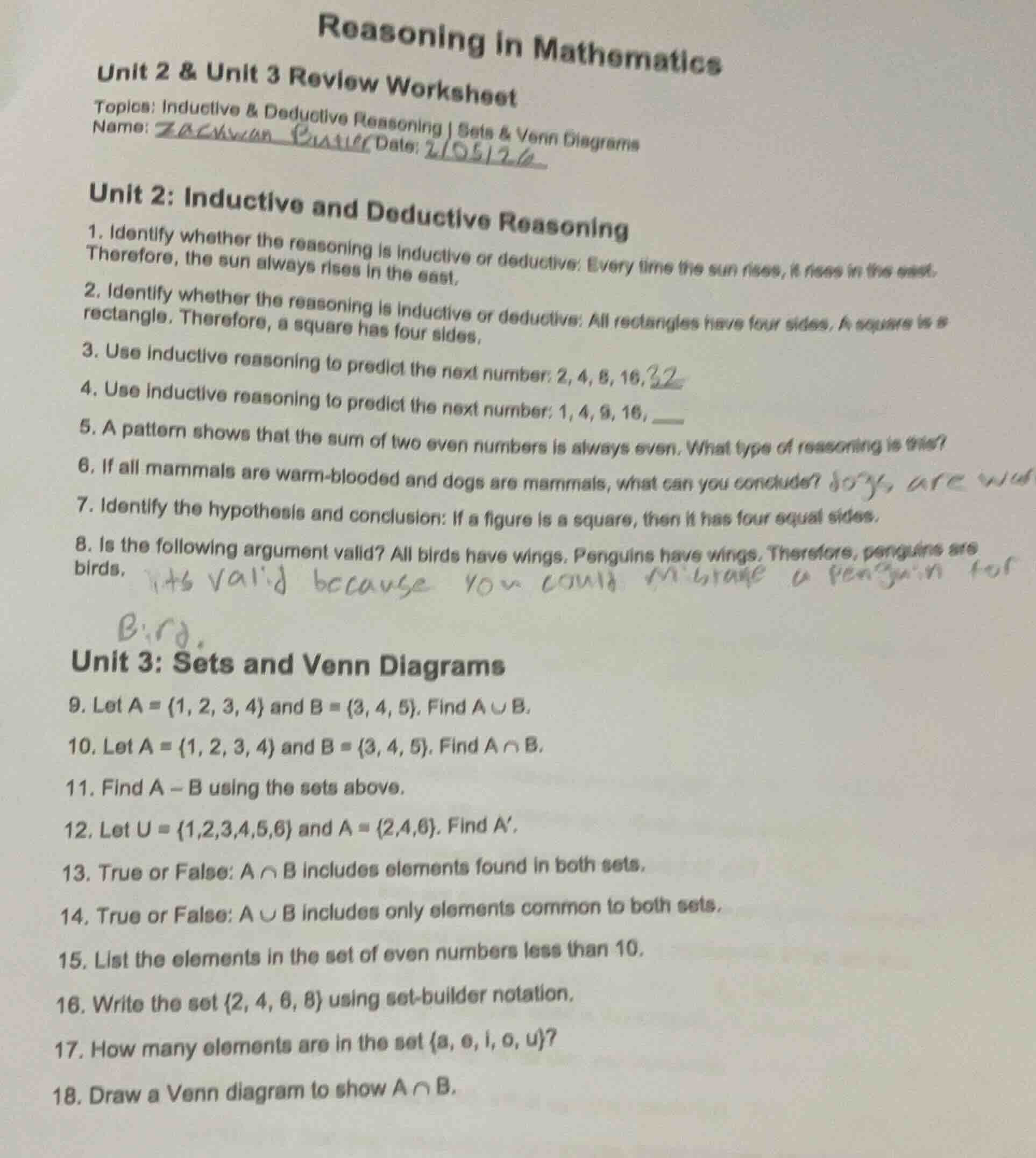 reasoning in mathematics unit 2 & unit 3 review worksheet topics: induc…