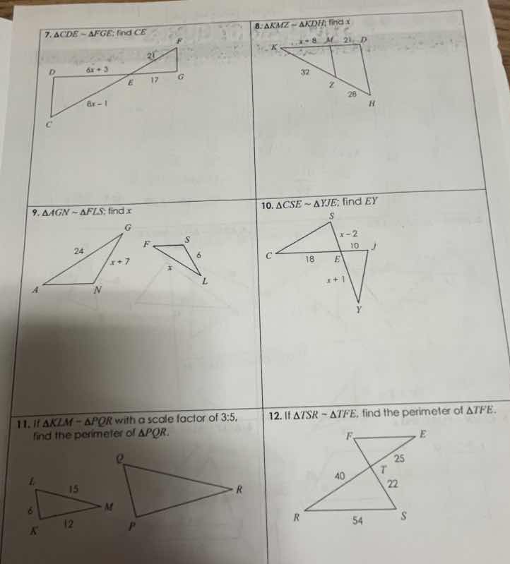 7. $\\triangle cde \\sim \\triangle fge$; find $ce$ 8. $\\triangle kmz …