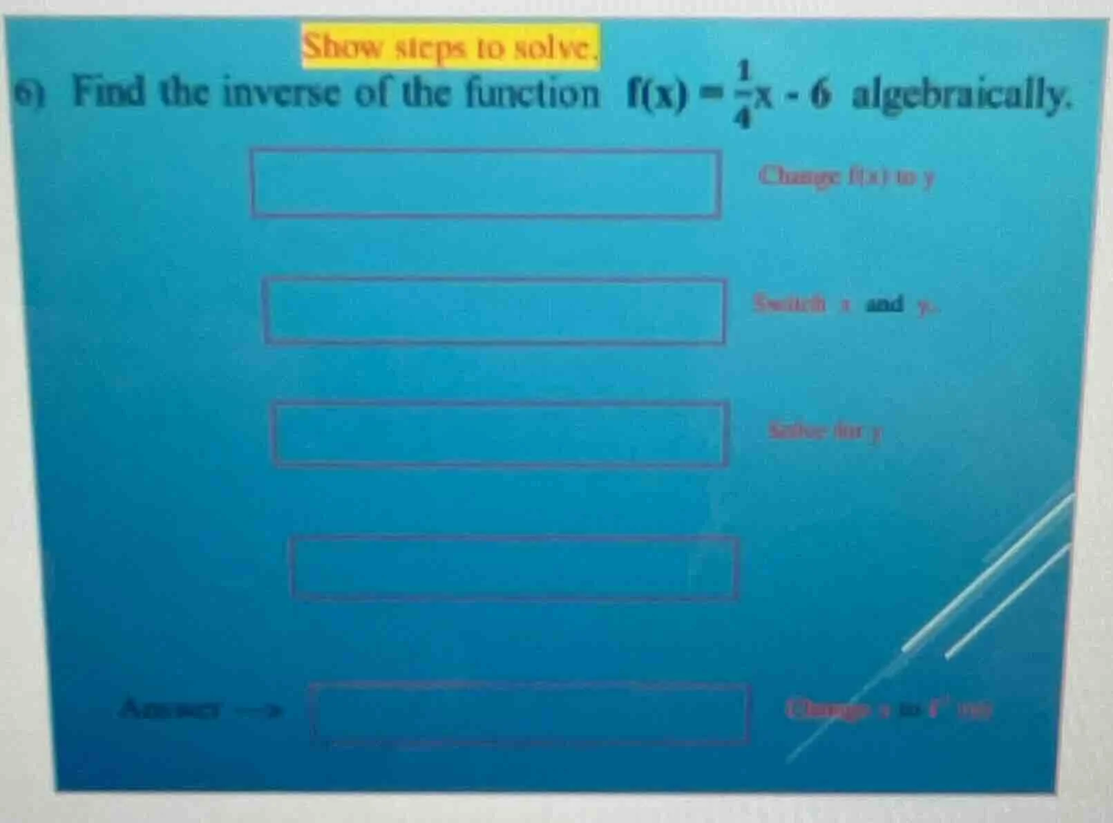 show steps to solve. 6) find the inverse of the function ( f(x) = \frac…