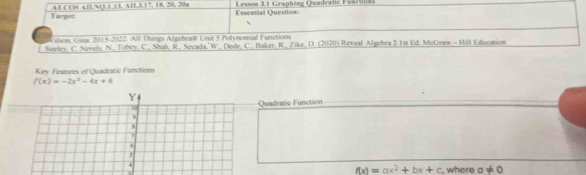 alcos ailnq.1,13, ail3.17, 18, 20, 20a lesson 3.1 graphing quadratic fu…