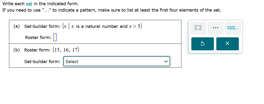 write each set in the indicated form. if you need to use \...\ to indic…