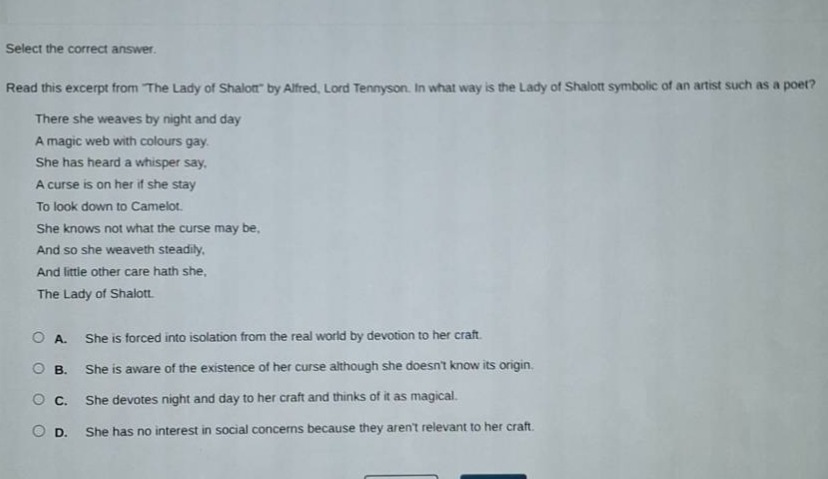 select the correct answer. read this excerpt from the lady of shalott b…