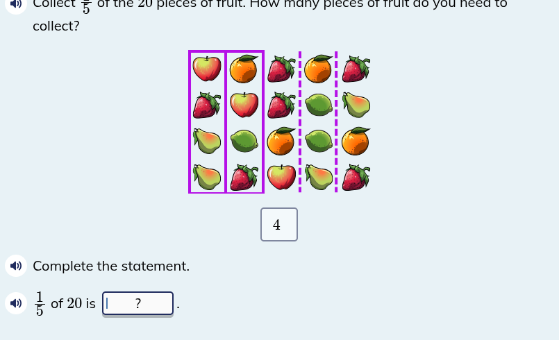 collect \\(\\frac{1}{5}\\) of the 20 pieces of fruit. how many pieces o…