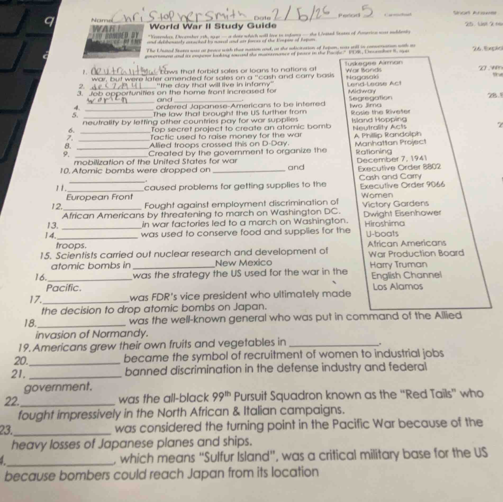 name christopher smith date 2/6/25 period 5 world war ii study guide \y…