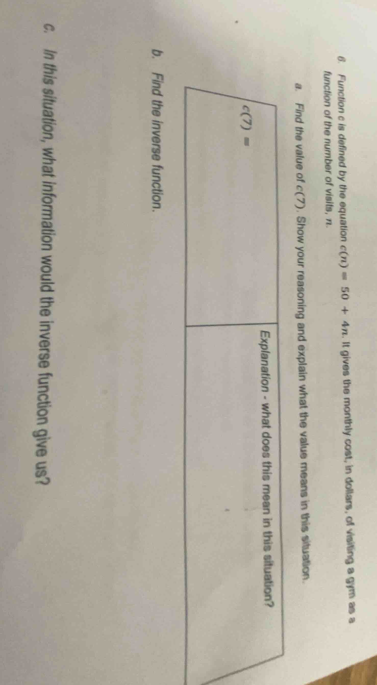 6. function ( c ) is defined by the equation ( c(n) = 50 + 4n ). it giv…