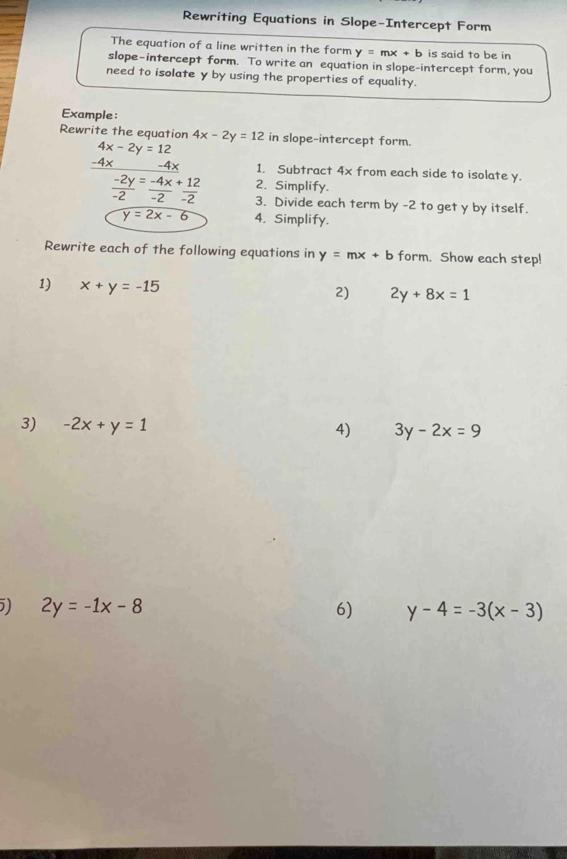 rewriting equations in slope-intercept form the equation of a line writ…