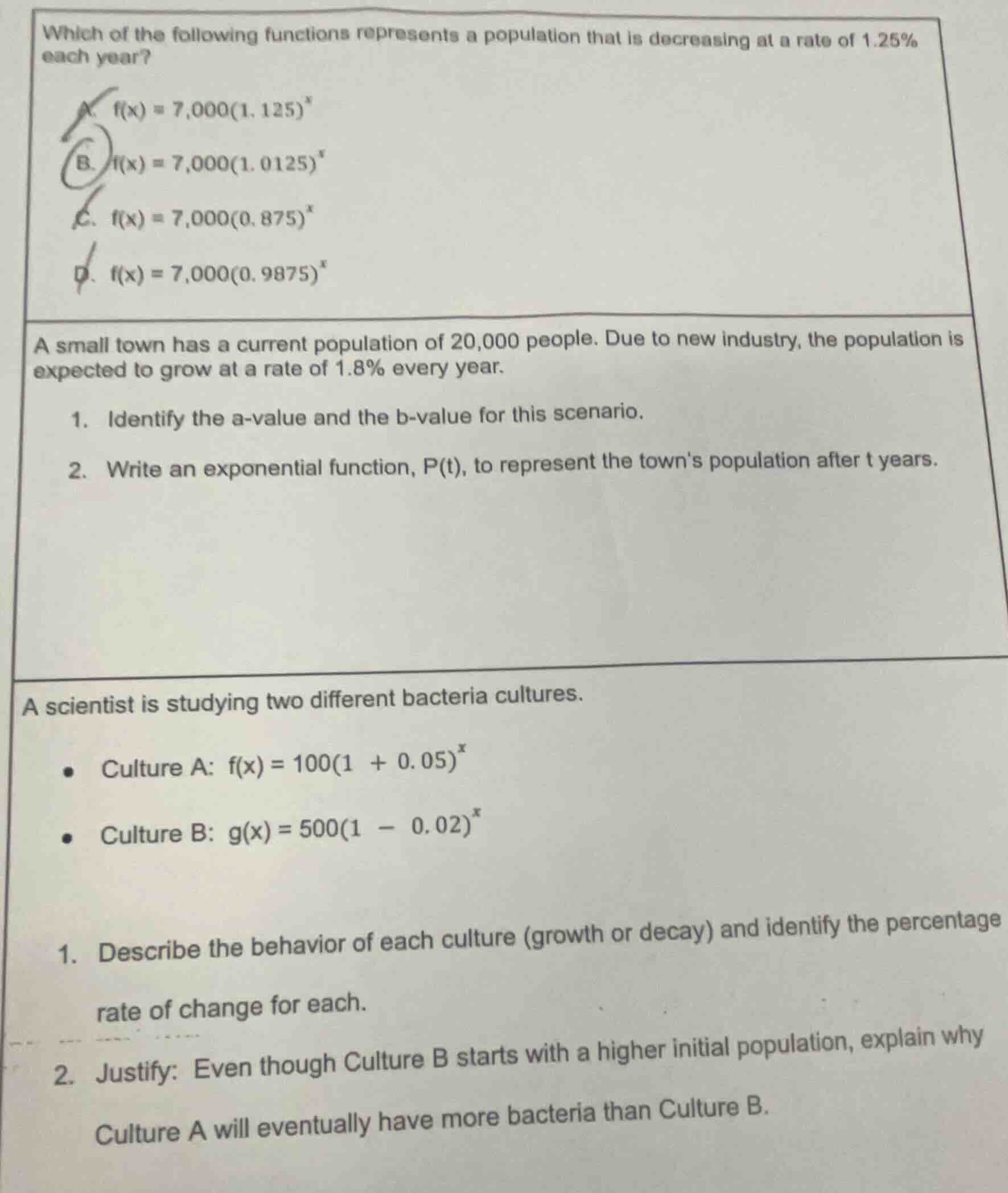 which of the following functions represents a population that is decrea…