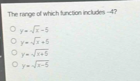 the range of which function includes -4? ○ $y = \\sqrt{x} - 5$ ○ $y = \…