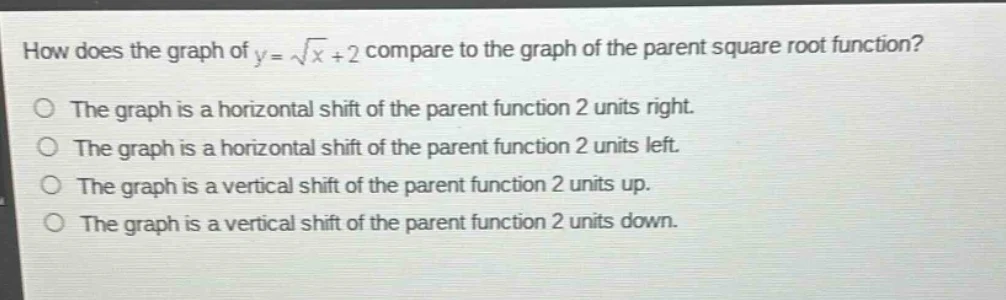 how does the graph of $y = \\sqrt{x} + 2$ compare to the graph of the p…