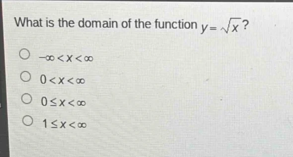 what is the domain of the function $y = \\sqrt{x}$?\ $\\bigcirc$ $-\\in…