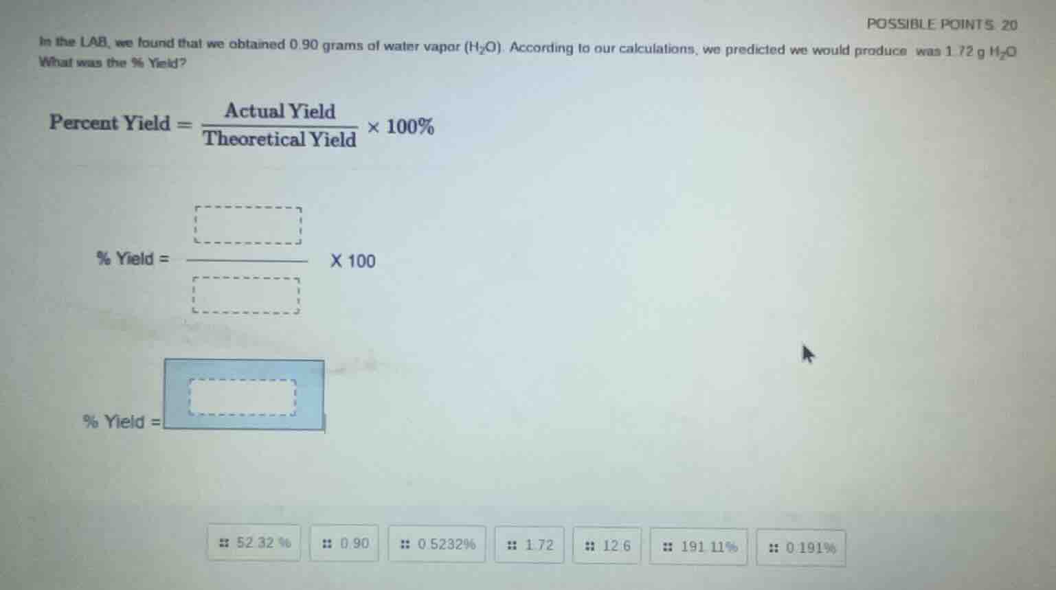 in the lab, we found that we obtained 0.90 grams of water vapor (h₂o). …